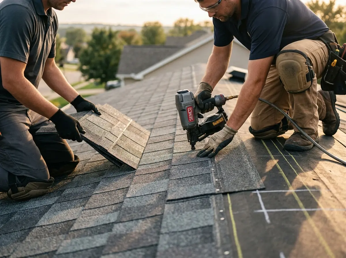 Professional roofer working on a residential roof in Key Biscayne